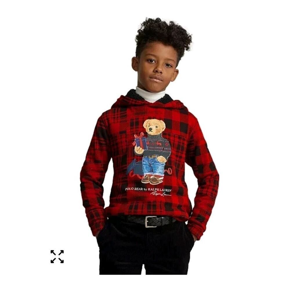 Kids Polo Bear Plaid Red Black  by Ralph Lauren Skiing Hoodie New Size  5 Kids